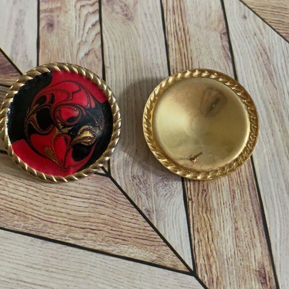 Enamel Stud Earrings, Red, Black & Gold, Oversized Stud Earrings - Picture 3 of 7